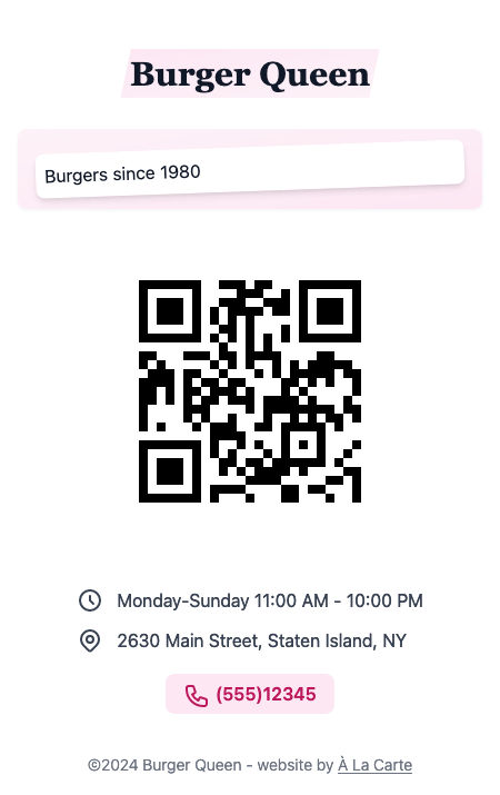 Example of À La Carte menu for burgers with a QR code