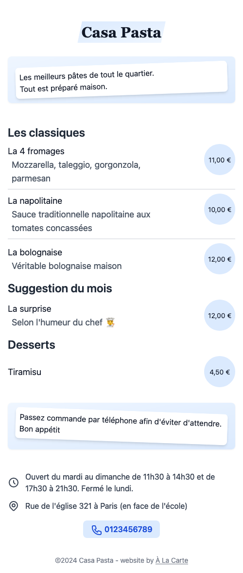 Example of À La Carte menu for pasta